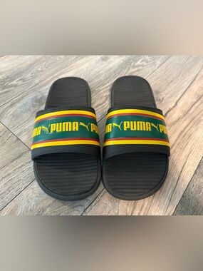 Puma Black Slides with Green, Yellow & Red Logo Stripes